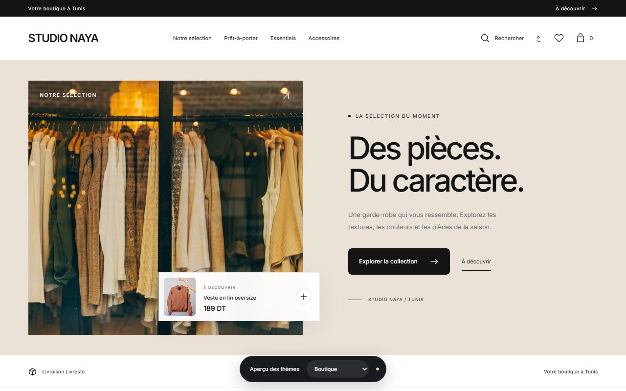 Aperçu du thème Boutique : une vitrine mode avec un catalogue soigné